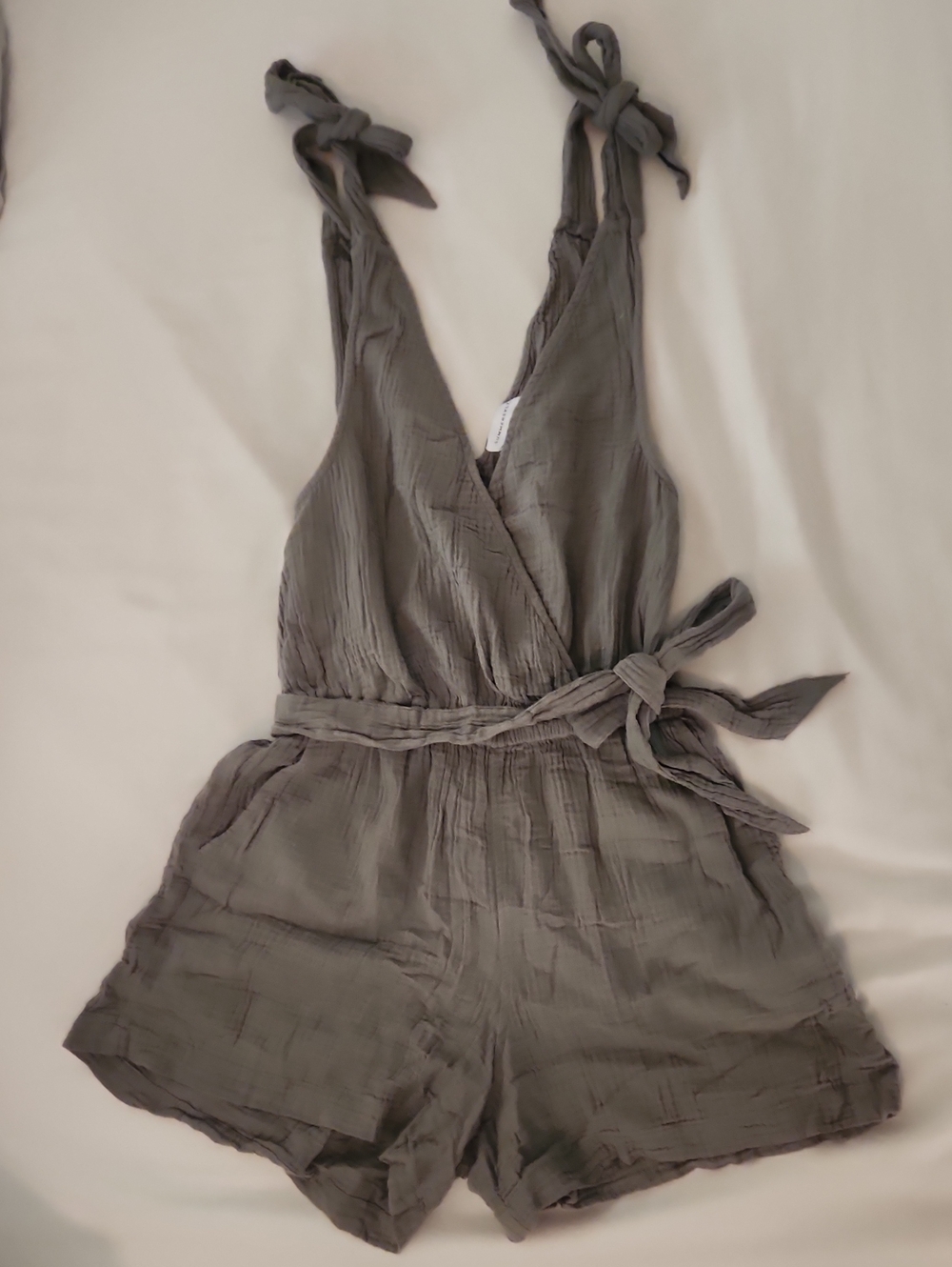 summersalt Olive Tie-Shoulder Cotton Gauze Wrap Romper